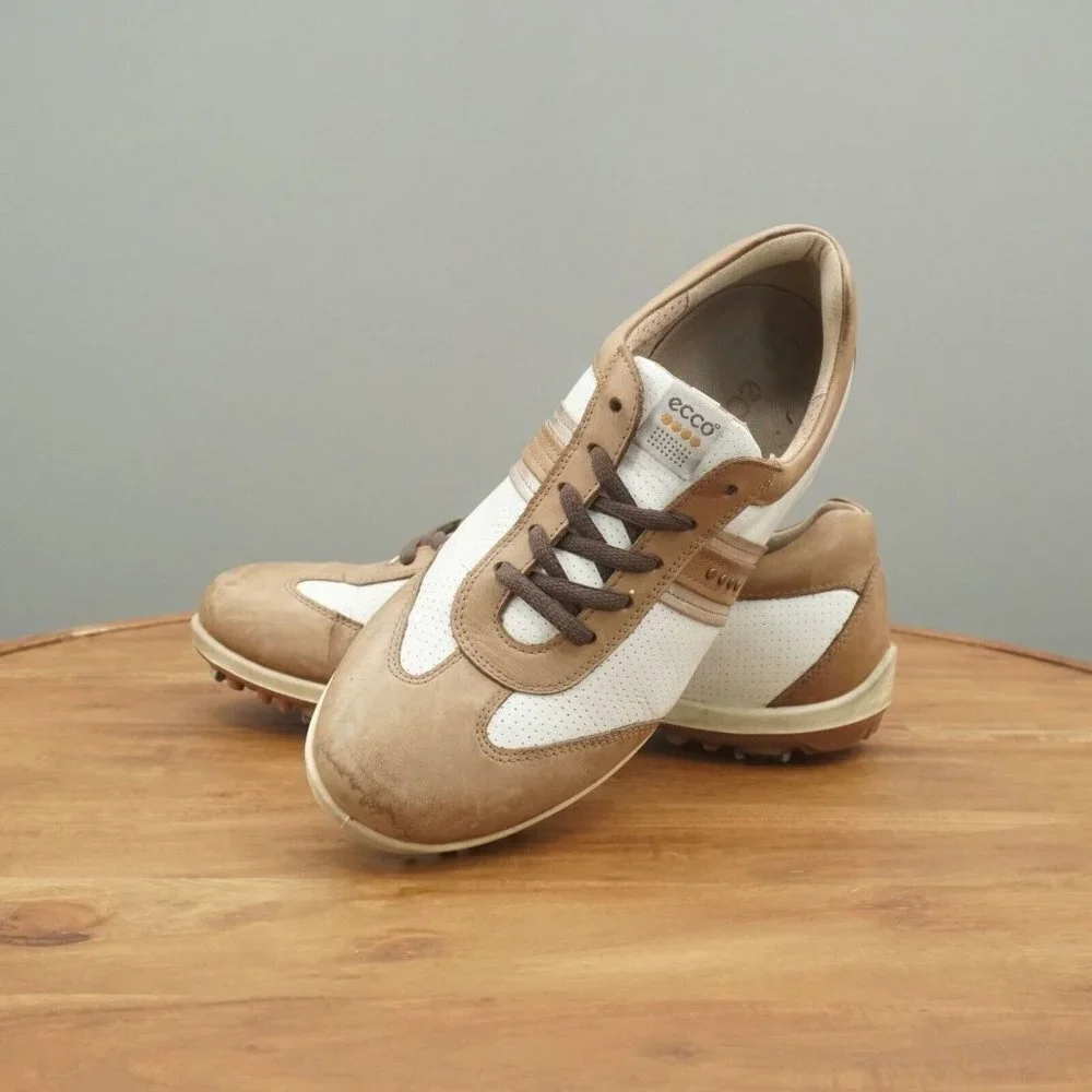 Ecco Womens Golf Shoes White Brown Leather Spiked Waterproof 39 EU / 8 US
